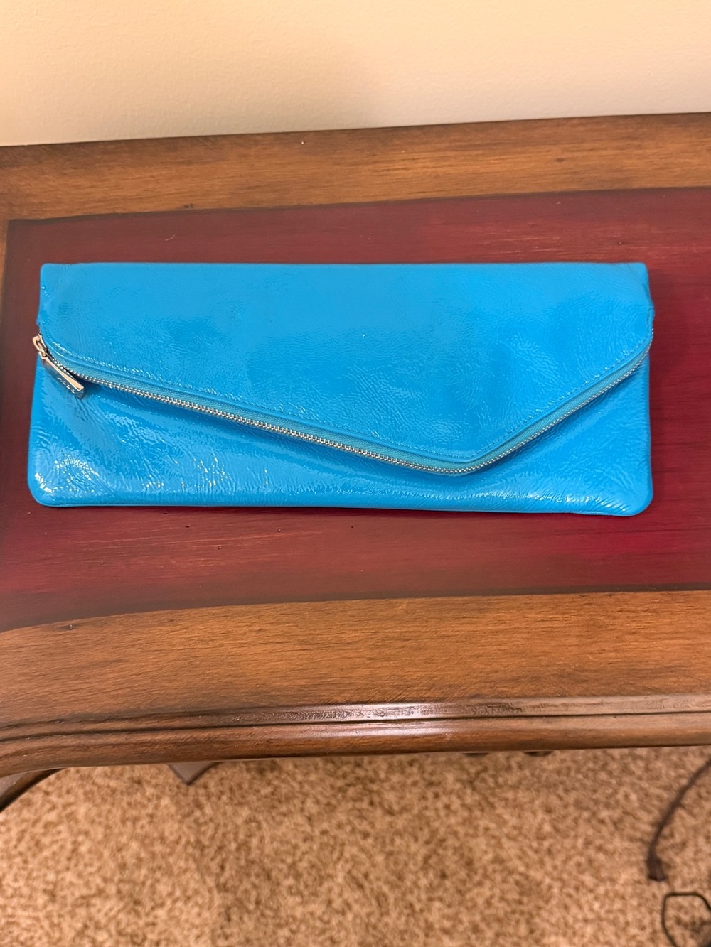 HOBO Bright Turquoise Patent Leather Zip-Trim Envelope Clutch